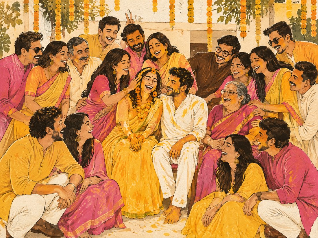 Both families squeezed into one haldi photo