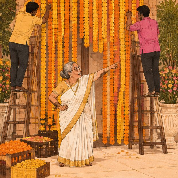 Dadi directing the decorators on their ladders