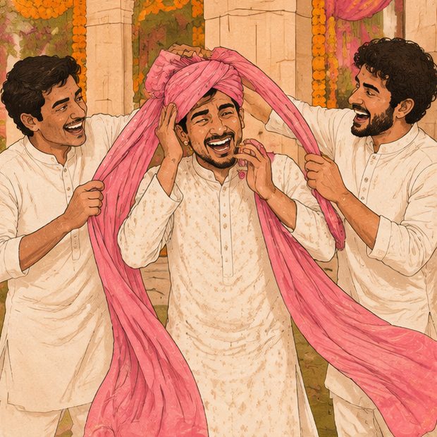 Rohan's friends losing a fight with a pink safa